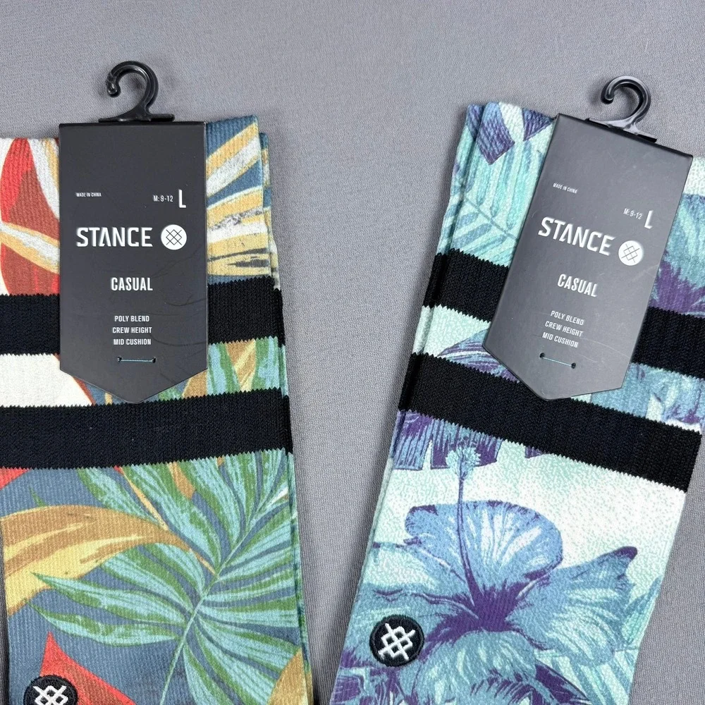 Stance Mens L Multi Cotton Blend Crew Socks Tropical Floral Striped 4 Pack New